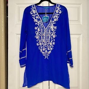 BNWT Blue Island Royal Blue Swimsuit Cover Up with Embroidered White Flowers (S)